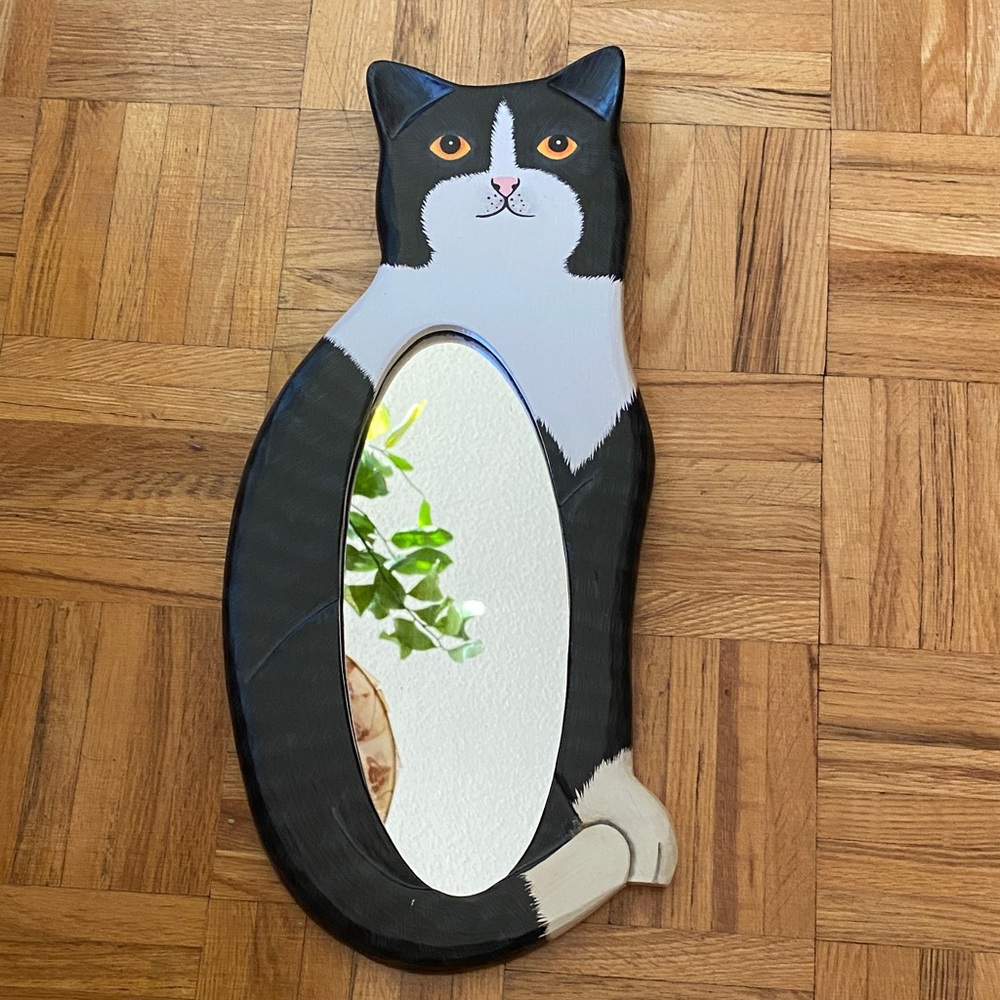 Black and White Cat-Shaped , Kitty Mirror, vintage, painted